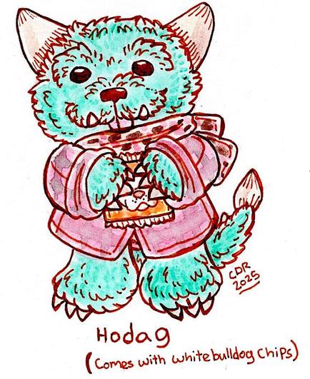A fluffy green pug looking dude with horns, barbed tail, spikes, claws, and an underbite a boxer would approve of. This Hodag is dressed in a red plaid shirt, a speckled scarf, and holding a bag of white bulldog chips since it's a Sunday. The Hodag is a Wisconsin favorite and answer to the Jackalope with possible ties to the fabled Babe the Blue Ox.