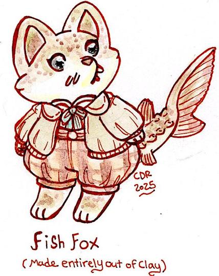 A Sturgeon-Fox hybrid looking little guy dressed in an olive green cardigan with an off white blouse and a green bowtie. The Fish Fox wears a cute puffed tan and brown plaid shorts. I'm still determined to convince everyone that sturgeons are clearly water foxes, it's a fact and a truth. If this one wins, it'll be a fully clay based doll and based on the Foxling body pattern.