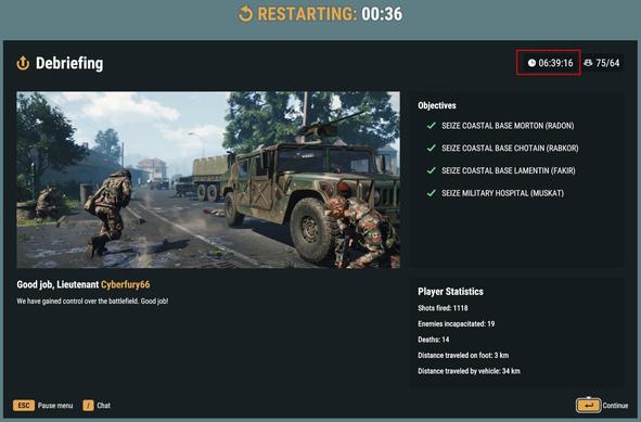 An ArmA Reforger end screen dictating the game lasting longer than 6 hours