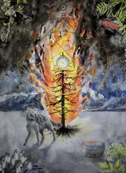 A spectacular (if I do say so myself) portrait showing a wolf standing in a snowy land before a burning tree while a hellish blue glow frames the mountains against the dark night sky.  A simple stone fountain ripples opposite the wolf.  In the corners of the portrait are illustrations of plants.  Inscribed over everything is a magic circle with a pentagram, elemental and astrological symbols, and the Wheel of the Year.