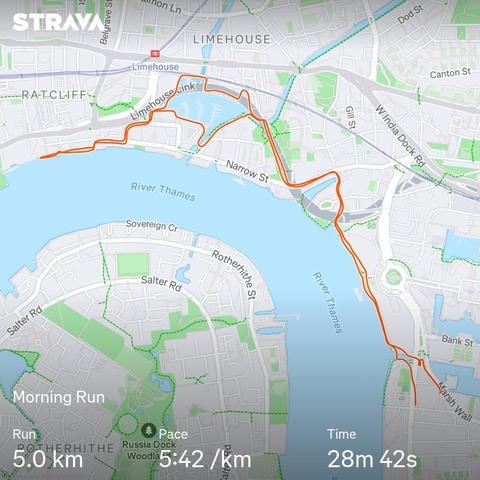 A screenshot of a run tracked by Strava, through Limehouse and along the Thames path in London. 