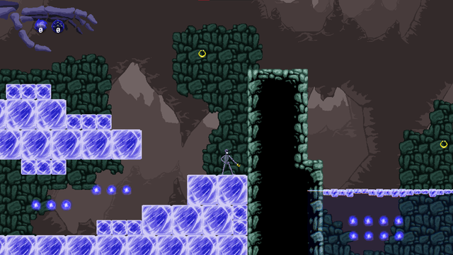 Skeleton standing on blue Ice Blocks to the right there is a body of water