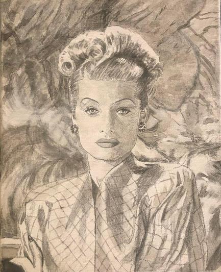 a painting of Lucille Ball, seen from her chest up, wearing a stylish jacket with square patterns, her hair up and curled elegantly and gracefully, looking at the viewer, wearing earrings, a background of abstract nature-inspired fabric patterns 