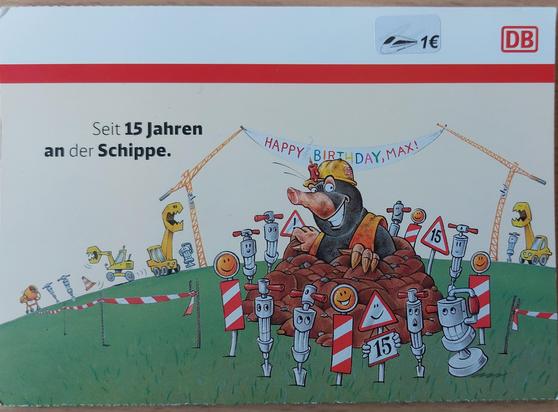 Titelbild eines Postkarten-Leporellos mit Max-Maulwurf-Motiven mit dem Titel "Seit 15 Jahren an der Schippe"