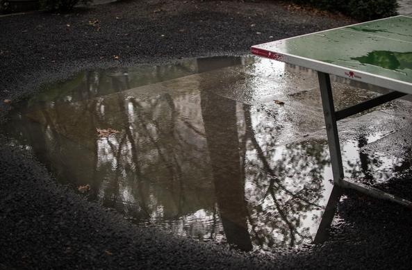 Bryant Park after heavy rain. These ping pong tables are always in use, but not then.