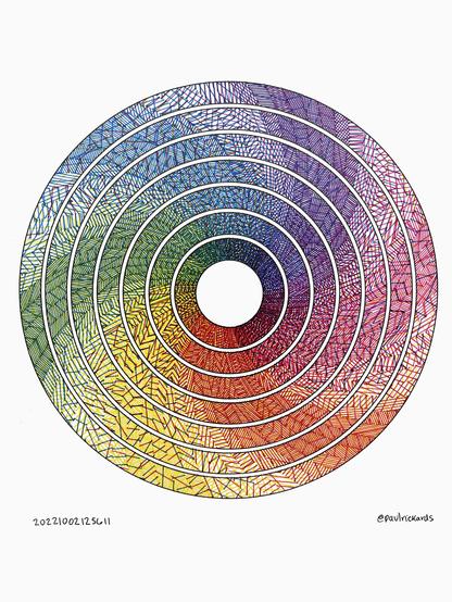 An abstract pen plot on while paper of 7 concentric rings outlined in black of rainbow shades of color with the inner rings being darker than the outer rings. The color is created with hatch strokes of just three pens of cyan, yellow, and magenta and are slightly offset from each ring to create a subtle swirling pattern.
