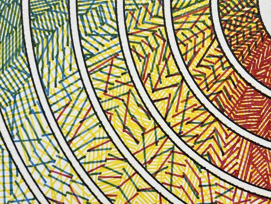 Detail from an abstract pen plot on while paper of 7 concentric rings outlined in black of rainbow shades of color with the inner rings being darker than the outer rings. The color is created with hatch strokes of just three pens of cyan, yellow, and magenta and are slightly offset from each ring to create a subtle swirling pattern. The detail shows individual pen strokes that comprise the image.
