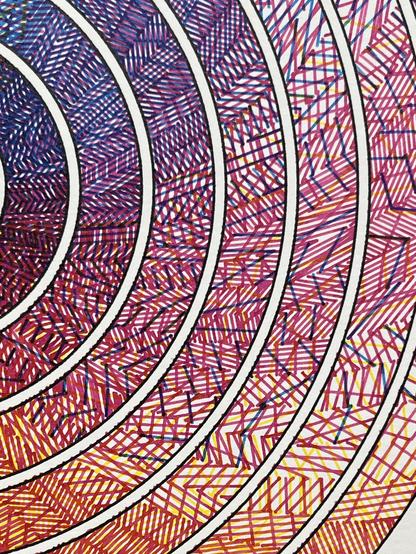 Detail from an abstract pen plot on while paper of 7 concentric rings outlined in black of rainbow shades of color with the inner rings being darker than the outer rings. The color is created with hatch strokes of just three pens of cyan, yellow, and magenta and are slightly offset from each ring to create a subtle swirling pattern. The detail shows individual pen strokes that comprise the image.
