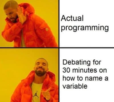 The meme jokes that programmers often spend more time arguing about what to name a variable than actually writing code, using Drake's expressions to show preference for the former. 