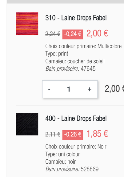 Capture d'écran d'un panier d'un magasin de laine en ligne. Dans le panier il y a une pelote de laine de qualité Fabel de la marque Drops couleur "coucher de soleil" qui est un dégradé de rouge et un pelote de la même qualité de couleur noire.