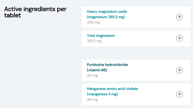 Blackmores Bio Magnesium ingredients list showing active ingredients per tablet: 
Heavy magnesium oxide (magnesium 265.3 mg)  440mg
Total magnesium 301.5 mg
Pyridoxine hydrochloride (vitamin B6) 50mg
Manganese amino acid chelate (manganese 4 mg) 40mg
