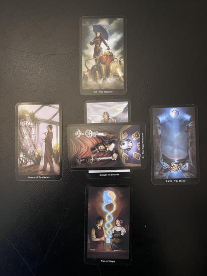 Photo of the reading M did for me: six cards from a steampunk themed deck arranged as a cross, with one card crossing the central card. Central card is the Knight of Swords and is crossed by the High Priestess. Immediately below that pair is the Two of Cups; above the central pair is The Chariot. On the left, the Seven of Pentacles. On the right, The Moon. 
