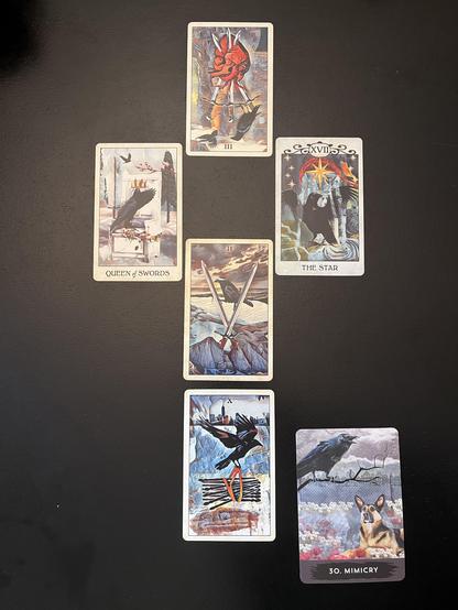 Photo of the reading I did for my husband J using MJ Cullinane’s Crow Tarot and Urban Crow Oracle. Top card is The 3 of Swords (reversed). Below and to its left is The Queen of Swords, and below and to its right is The Star. In the middle between and below the Queen of Swords and The Star is The 2 of Swords, and directly below thar card is The 10 of Wands. To its right is card number 30 from the oracle deck, Mimicry, which depicts a German Shepherd Dog confused by a wily and vocal crow. 
