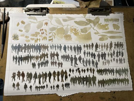 An 11x17 sheet of paper with a 3x3 grid of brushwork practice and color play. The major themes are tree leaves and human figures. 