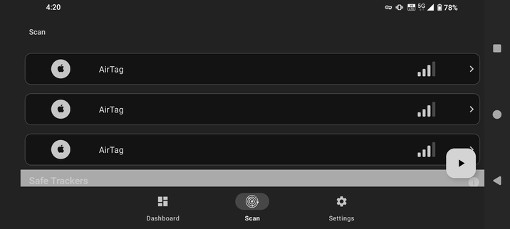 A screenshot of the AirGuard Android application showing 3 AirTags being picked up from a scan