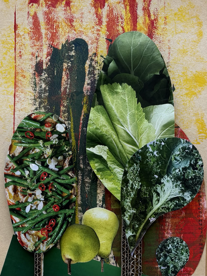 Two big trees made of pictures of salad for leaves and corrugated cardboard for trunks, in front of a green hill with upside down pears as distant trees and a random green and red background on beige card. 