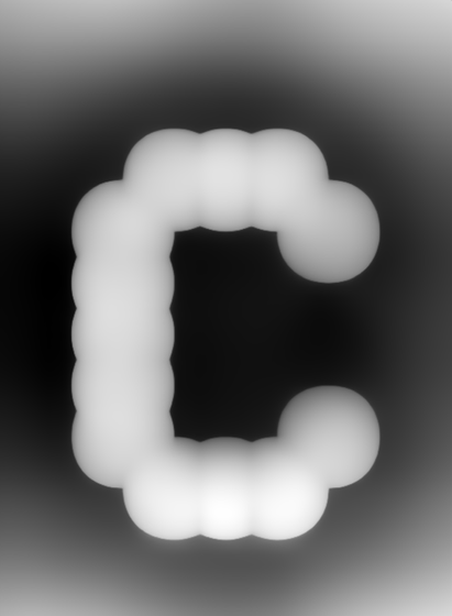 A grayscale depth-extrapolated representation of a stylized letter "C," appearing soft and blurred, with gradual shading variations.