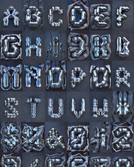 A full set of reflective, humanoid-inspired characters forming the alphabet, arranged in a grid. Each letter is sculpted from fluid, metallic figures.