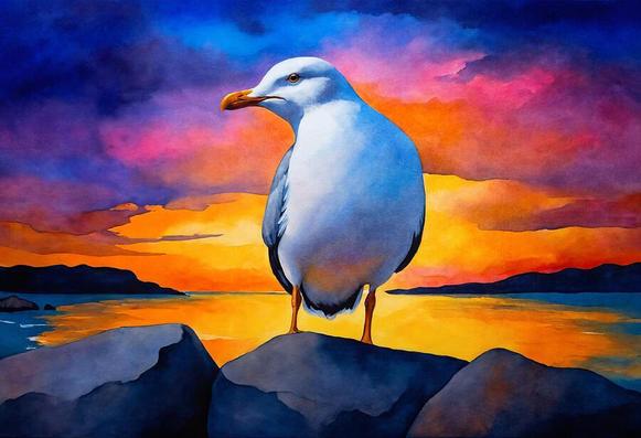 seagull on sunset sky painting
