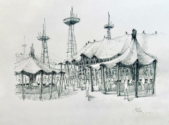 Dessin au crayon représentant la vie dans les rues autour des arènes avec de grandes tentes et des étales de produits divers