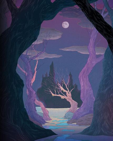 Point de vue depuis la forêt interdite, il n'y a personne. La nuit est tombée et la lune est déjà visible dans un ciel bleu d'encre. Les nuages et les arbres proches de la lumière sont violets. On voit Poudlard au loin, comme une silhouette noire.