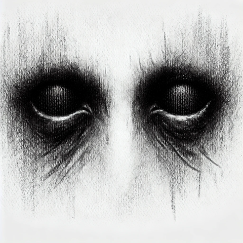 A haunting charcoal sketch of sunken, ghostly eyes staring forward, surrounded by dark smudges and shadowy lines. The eerie, lifeless gaze gives the unsettling impression of something watching from the other side of a mirror.