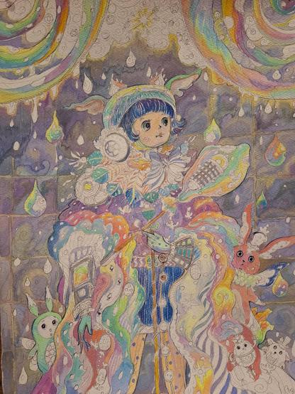 Watercolor surreal anime inspired artwork. Young women robot with blue bub haircut is holding a microphone and trying to produce best ever song for the song contest for her owner. She used too much of her energy in the process, and the only way to properly recharge her to strengthen her artistic abilities is to summon a multicolored rain (above the robot there are white clouds crying with multicolored raindrops)