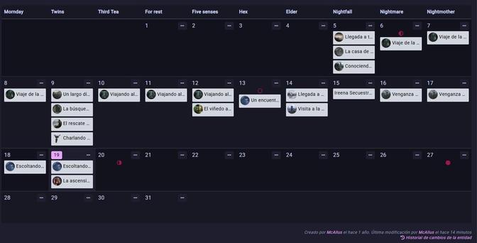 Calendario de Barovia donde se ven eventos repartidos durante 14 días. Hay días que tienen varios eventos. Los nombres de los eventos aparecen recortados ya que no entran en el calendario. 
Las semana tienen 10 días y el mes 31. Los eventos empiezan en el día 5 de ese mes y llegan hasta el día 19
