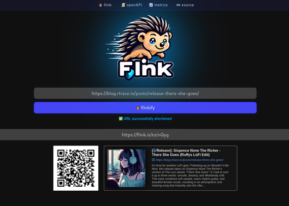 a screenshot of the Web UI shipped with Flink. It shows a navigation bar leading the openAPI (Swagger/Swashbuckle), the metrics of the flink instance, and a link to the source code of Flink. Below, centered in the middle a the Flink Logo (a cute hedgehog) is visible. Followed by a input for the full URL as well as a button that needs to be pressed to  be shortened. Once clicked, a QR code to the link shows up, and a embed (as iframe) with the Link contents shows up.