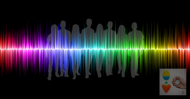 Branded art for my free weekly newsletter. Background is a frequency wave reflecting the color spectrum. Superimposed over it is a silhouette of a group of people.