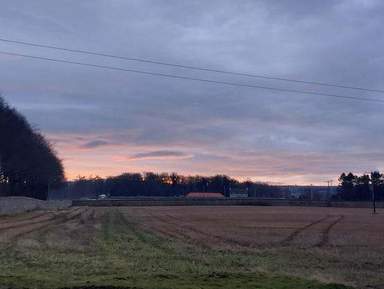 A view over a field to a wall, behind which are a couple of houses, trees behind them then the glow of the sunrise behind the trees. There are more trees on both left and right of the image.
