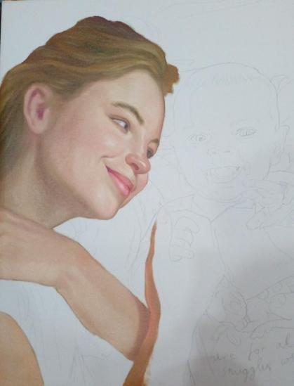 a painting, most of it is blank white with faint linework, it is a blonde woman with her head turned up to the right, a warm expression on her face 