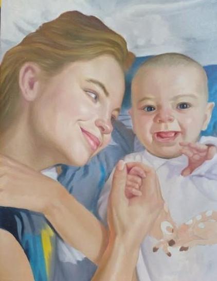 another photo of the painting, when it was nearly finished, her baby is now painted beside her, the baby looking at the viewer, reaching its small hand out and smiling 