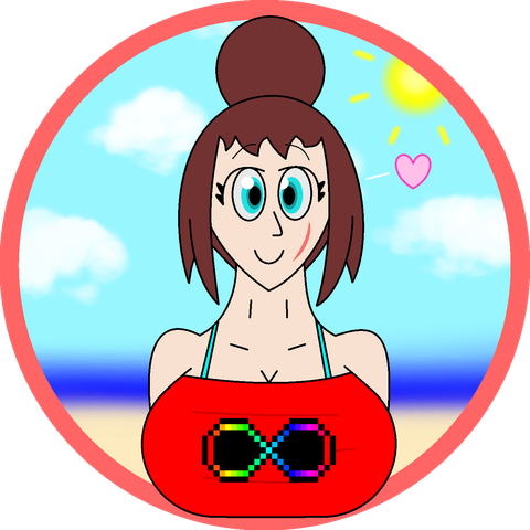 Bust drawing of a happy Mrs. Eddant wearing a red top with an Actually Autistic symbol (Rainbow Infinity) on it. In the bust, the background shows the beach during a sunny day.
