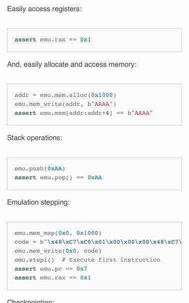 fragment of the project readme showing code examples
