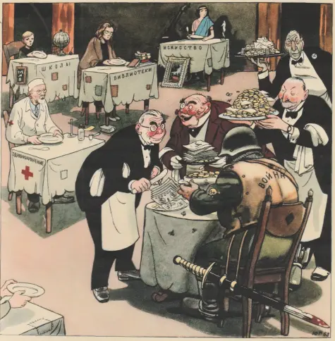 In America – At this restaurant only one person is served' (Krokodil #4, 1953), illustrated by Yuliy Ganf.