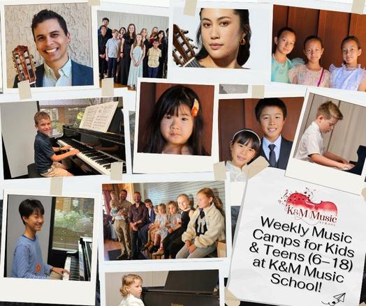 Collage of K&M Music School photos featuring students and activities: various students playing piano, a guitar instructor smiling with his instrument, group photos of students at recitals, individual student portraits, and a text overlay announcing 'Weekly Music Camps for Kids & Teens (6-18) at K&M Music School!