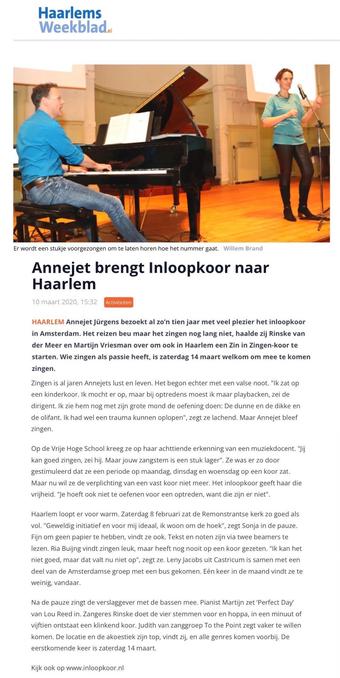 krantenartikel over het eerste Zin in Zingen inloopkoor te Haarlem 5 jaar geleden