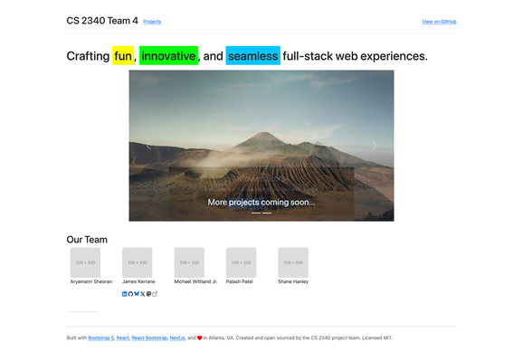 A screenshot of https://thatrobotdev.github.io/cs-2340-team-website with the headline, "Creating fun, innovative, and seamless full-stack web experiences".