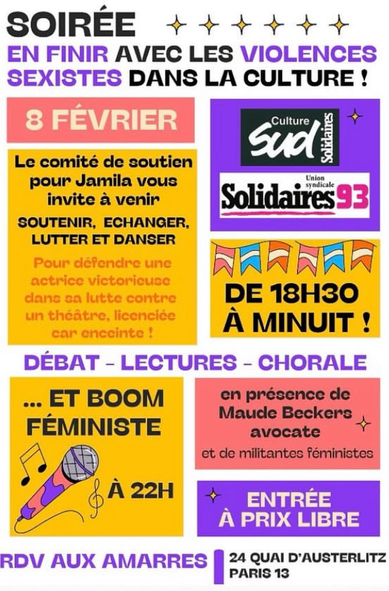 Affiche colorée : Rendez-vous le 8 février aux Amarres à partir de 18h30 (24 quai d'Austerlitz 75013 Paris) - Formation - Débat – Lecture – Chorale - Boom féministe à partir de 22h 
