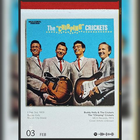 Abreißtageskalender mit dem Kalenderblatt des Vinyl-Covers der LP "The 'Chirping' Crickets" (1957) von Buddy Holly & The Crickets