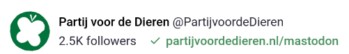 Screenshot van Mastodon: #PartijvoordeDieren heeft 2.5K #followers.