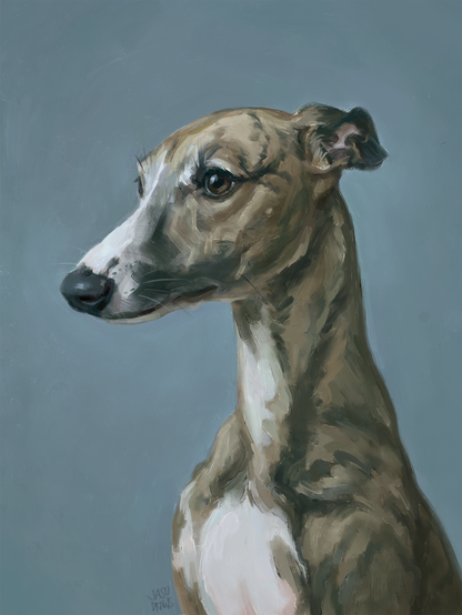 A painting of brindle Whippet bitch with white markings against a baby blue background.