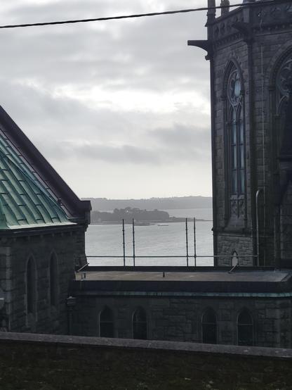 View of Spike Island behind St. Coleman's Cathedral in Cobh