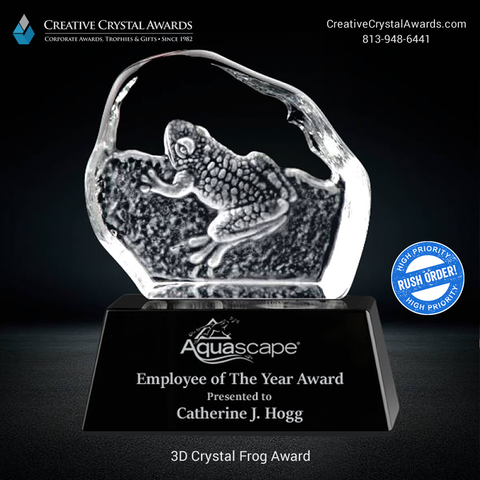 3D crystal frog award, 3d laser etched frog crystal trophy, 3d crystal frog trophy, frog crystal award, 3d crystal frog sculpture award, marine awards, marine industry awards, marine life awards, corporate crystal awards, high end crystal awards, crystal awards supplier USA, Creative Crystal Awards USA