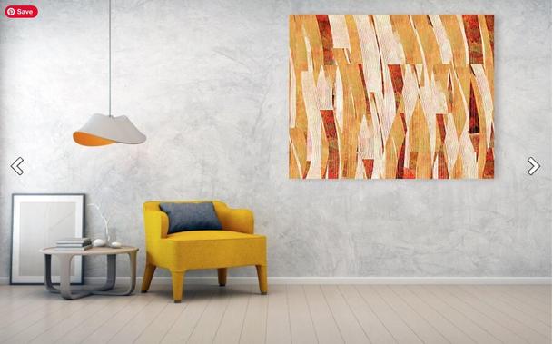 Orange abstract painting in  decor setting with yellow chair by artist and poet Sharon Cummings.  Haiku in post.