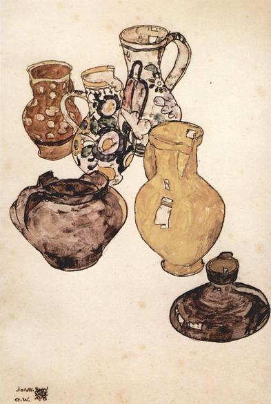 Steingutgeschirr by Egon Schiele, 1918 (chalk and watercolour on paper)