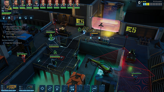 Cyber Knights: Flashpoint, squad tactics heist RPG. Isometric turn-based tactics gameplay. An XCOM-like HUD shows an initiative order of characters under the player's control with various enemies mixed in, and a security level meter that reacts to the player going loud or choosing to take a more stealth game approach.