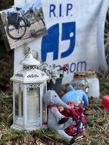 Detailaufnahme von der Gedenkstätte für Natenom. Im Vordergrund eine Kerzenlaterne, an der ein Stoffelefant lehnt. Im Hintergrund weitere Stofftiere und Kerzen.   Dahinter ein Transparent mit Natenoms Elefantenlogo und der Aufschrift „RIP Natenom“. Jemand hat ein Foto von Natenoms Fahrrad daran geheftet