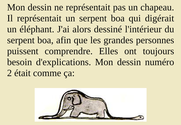 Mon dessin ne représentait pas un chapeau. Il représentait un serpent boa qui digérait un éléphant. J'ai alors dessiné l'intérieur du serpent boa, afin que les grandes personnes puissent comprendre. Elles ont toujours besoin d'explications. Mon dessin numéro 2 était comme ça:
